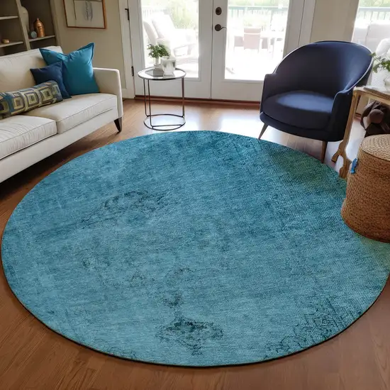 8' Denim Blue And Navy Blue Round Oriental Washable Indoor Outdoor Area Rug Photo 9