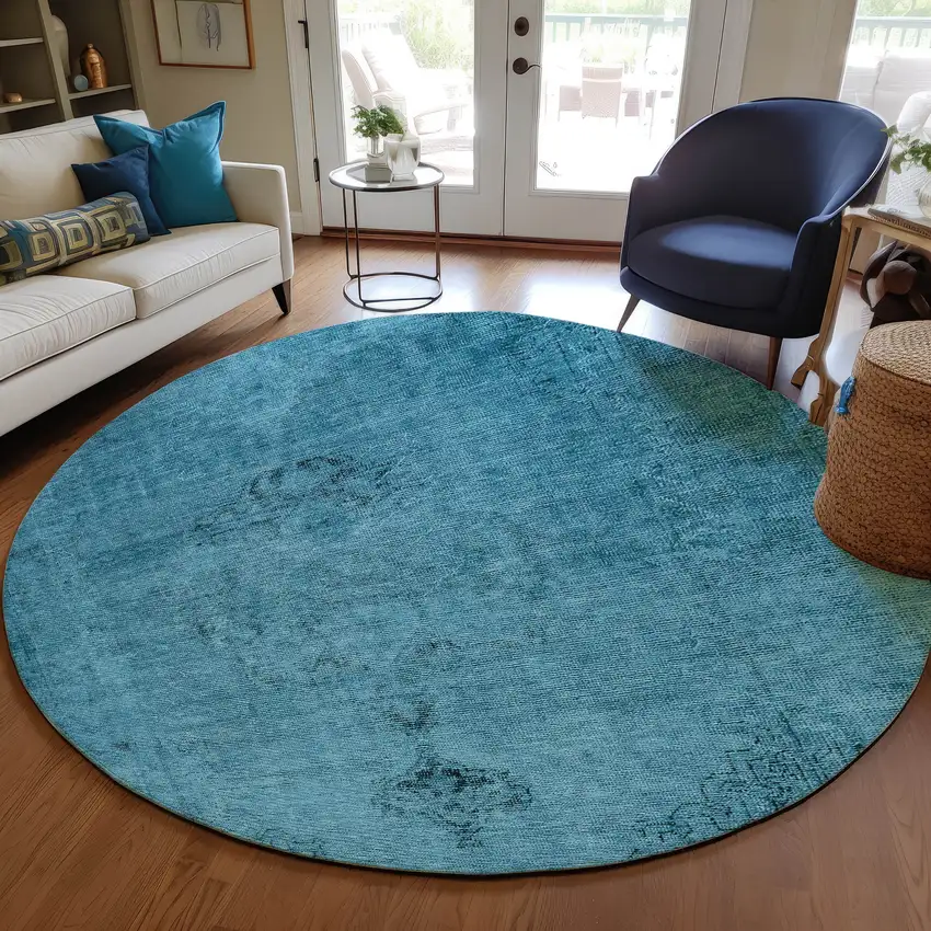 8' Denim Blue And Navy Blue Round Oriental Washable Indoor Outdoor Area Rug Photo 9
