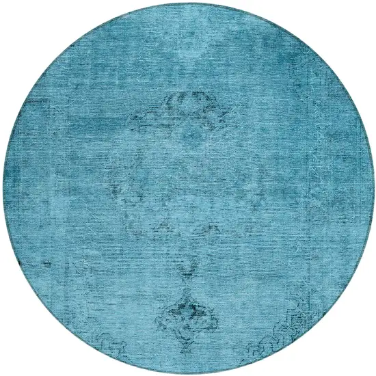 8' Denim Blue And Navy Blue Round Oriental Washable Indoor Outdoor Area Rug Photo 2