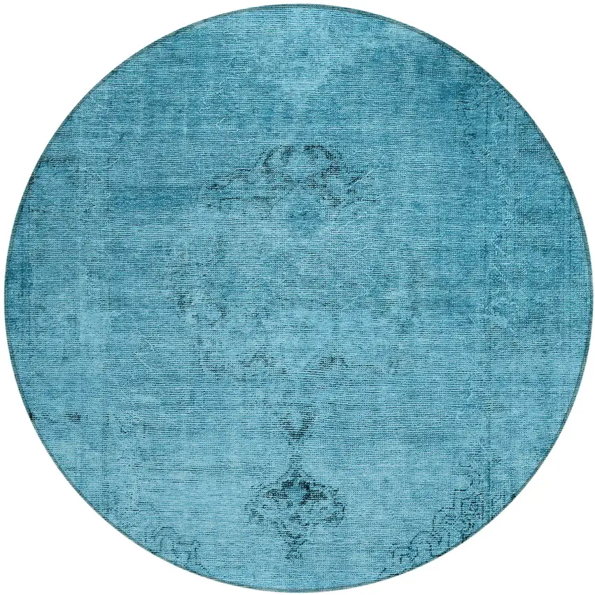 8' Denim Blue And Navy Blue Round Oriental Washable Indoor Outdoor Area Rug Photo 2