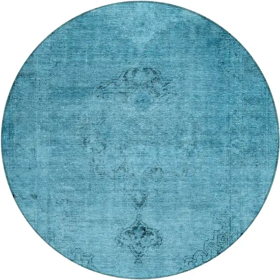 8' Denim Blue And Navy Blue Round Oriental Washable Indoor Outdoor Area Rug Photo 2