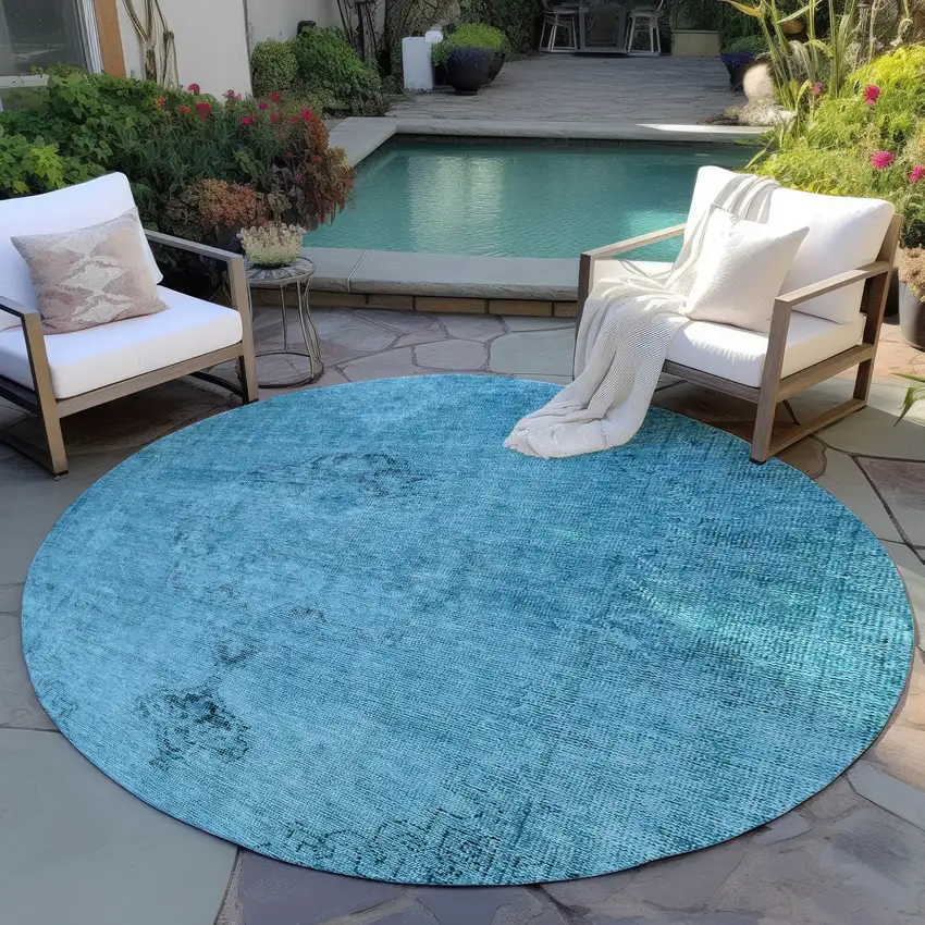 8' Denim Blue And Navy Blue Round Oriental Washable Indoor Outdoor Area Rug Photo 8