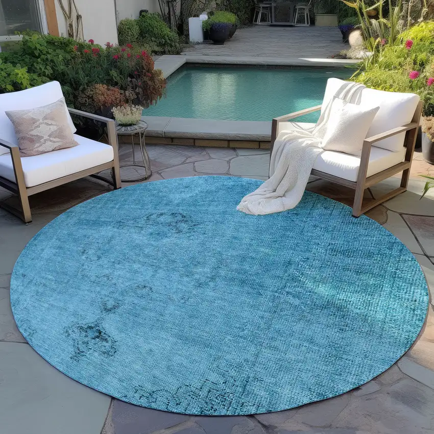 8' Denim Blue And Navy Blue Round Oriental Washable Indoor Outdoor Area Rug Photo 8