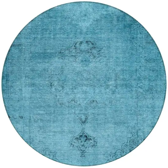 8' Denim Blue And Navy Blue Round Oriental Washable Indoor Outdoor Area Rug Photo 7