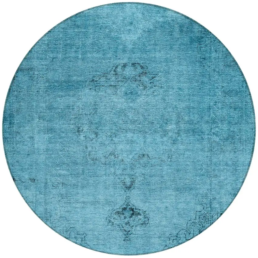 8' Denim Blue And Navy Blue Round Oriental Washable Indoor Outdoor Area Rug Photo 7