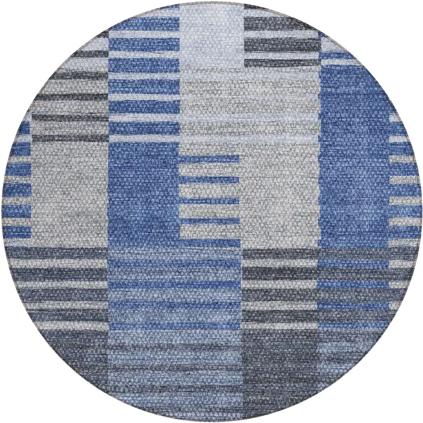8' Denim Blue And Navy Blue Round Striped Washable Indoor Outdoor Area Rug Photo 2