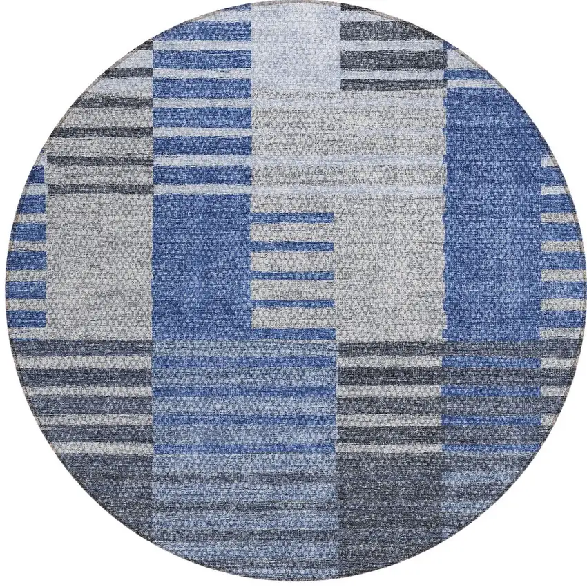 8' Denim Blue And Navy Blue Round Striped Washable Indoor Outdoor Area Rug Photo 6