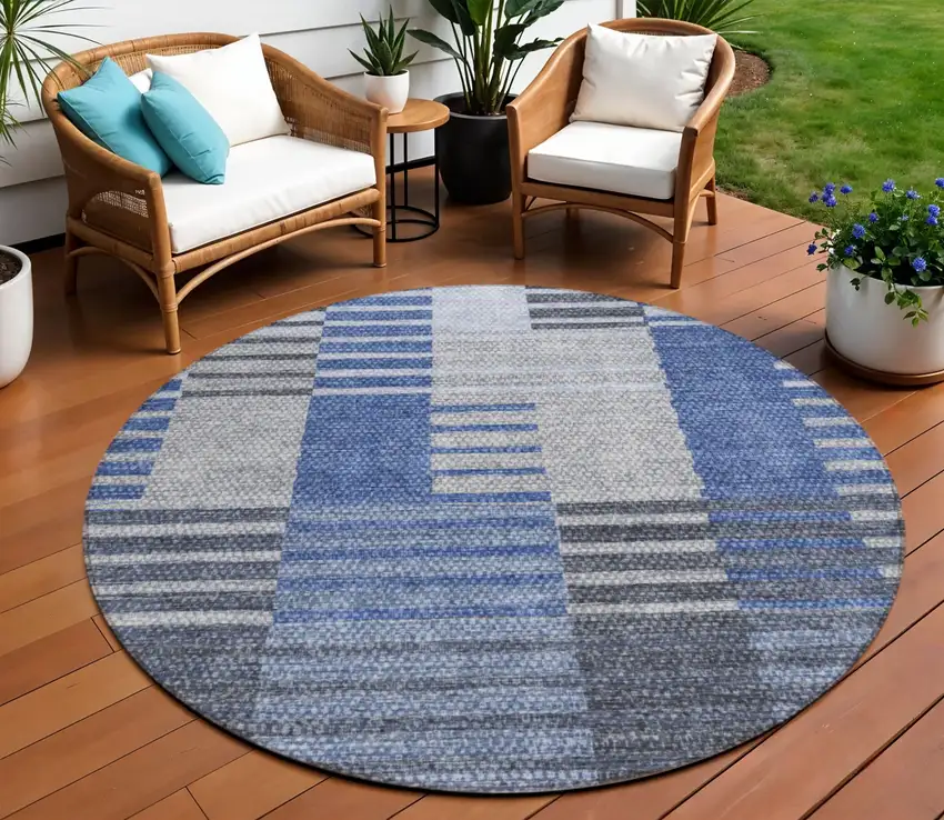 8' Denim Blue And Navy Blue Round Striped Washable Indoor Outdoor Area Rug Photo 1