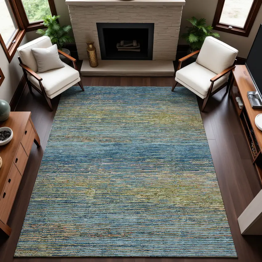8' Denim Blue And Olive Green Striped Washable Area Rug With UV Protection Photo 4
