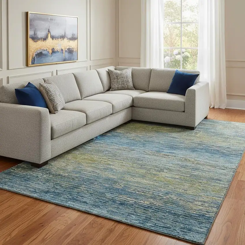 8' Denim Blue And Olive Green Striped Washable Area Rug With UV Protection Photo 2