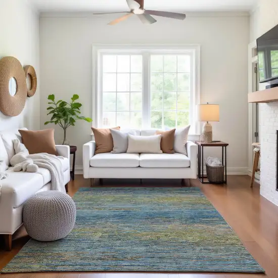 8' Denim Blue And Olive Green Striped Washable Area Rug With UV Protection Photo 5