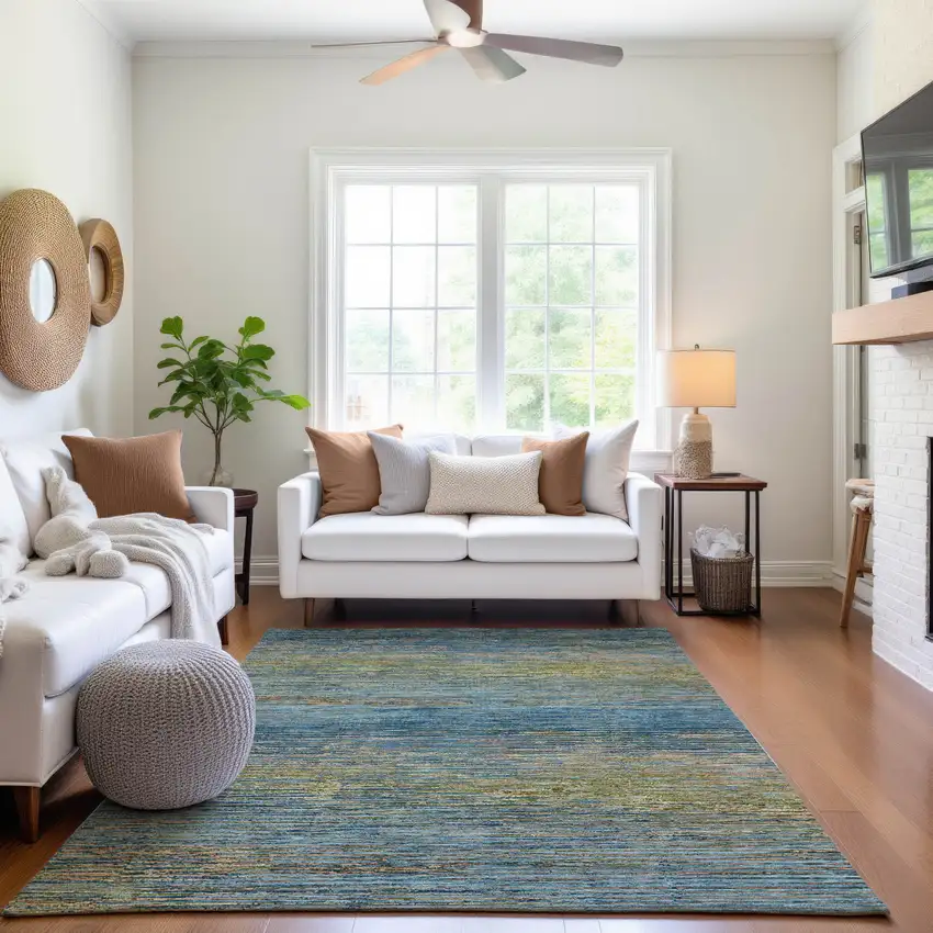 8' Denim Blue And Olive Green Striped Washable Area Rug With UV Protection Photo 5