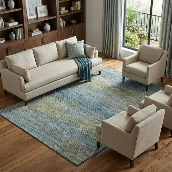 8' Denim Blue And Olive Green Striped Washable Area Rug With UV Protection Photo 1