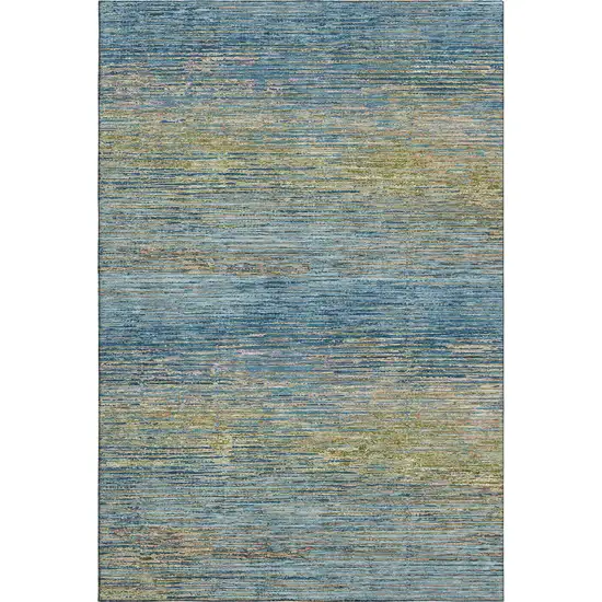 8' Denim Blue And Olive Green Striped Washable Area Rug With UV Protection Photo 1