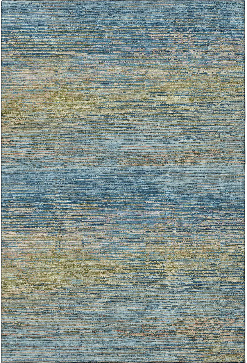8' Denim Blue And Olive Green Striped Washable Area Rug With UV Protection Photo 3