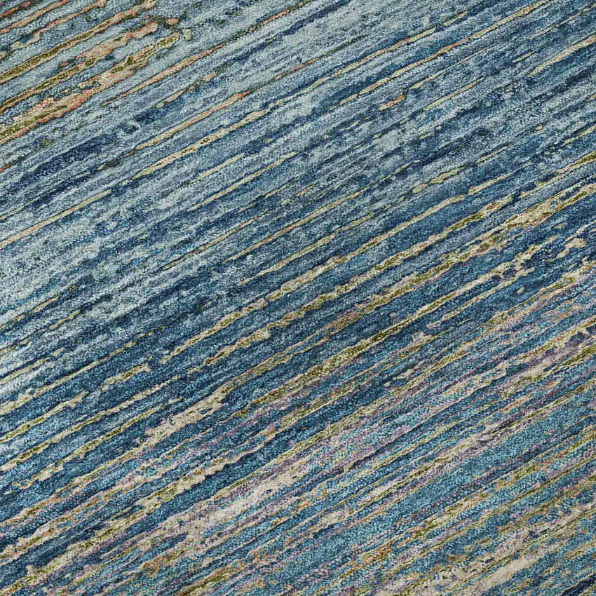 8' Denim Blue And Olive Green Striped Washable Area Rug With UV Protection Photo 9