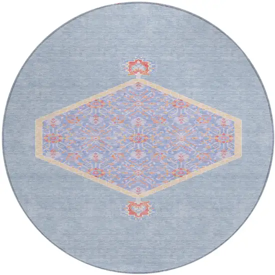 8' Denim Blue And Orange Round Oriental Washable Indoor Outdoor Area Rug Photo 2