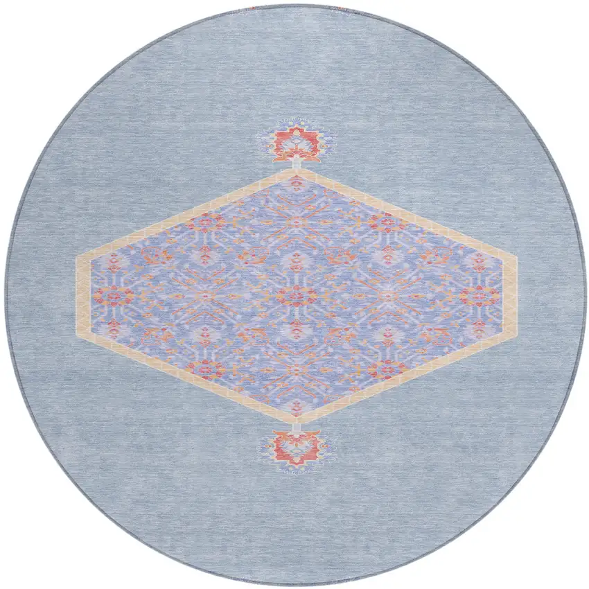 8' Denim Blue And Orange Round Oriental Washable Indoor Outdoor Area Rug Photo 2