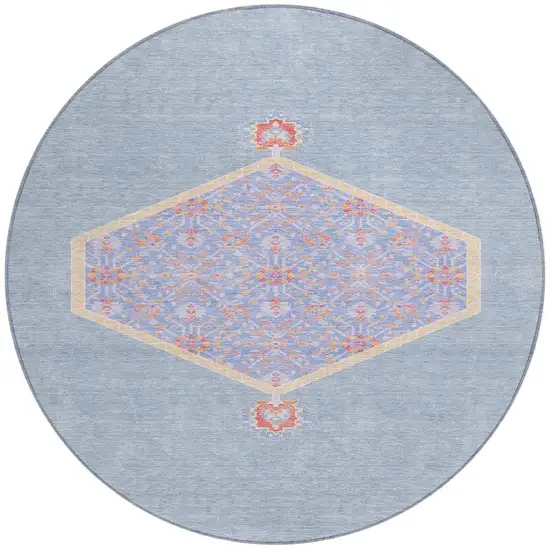 8' Denim Blue And Orange Round Oriental Washable Indoor Outdoor Area Rug Photo 6