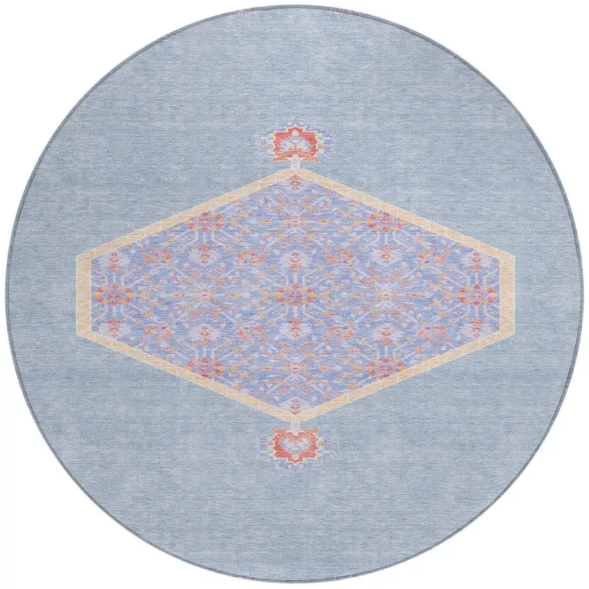 8' Denim Blue And Orange Round Oriental Washable Indoor Outdoor Area Rug Photo 6