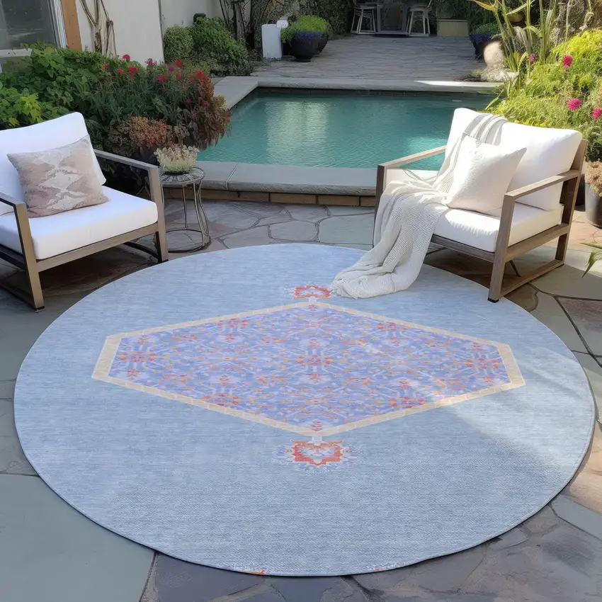 8' Denim Blue And Orange Round Oriental Washable Indoor Outdoor Area Rug Photo 7