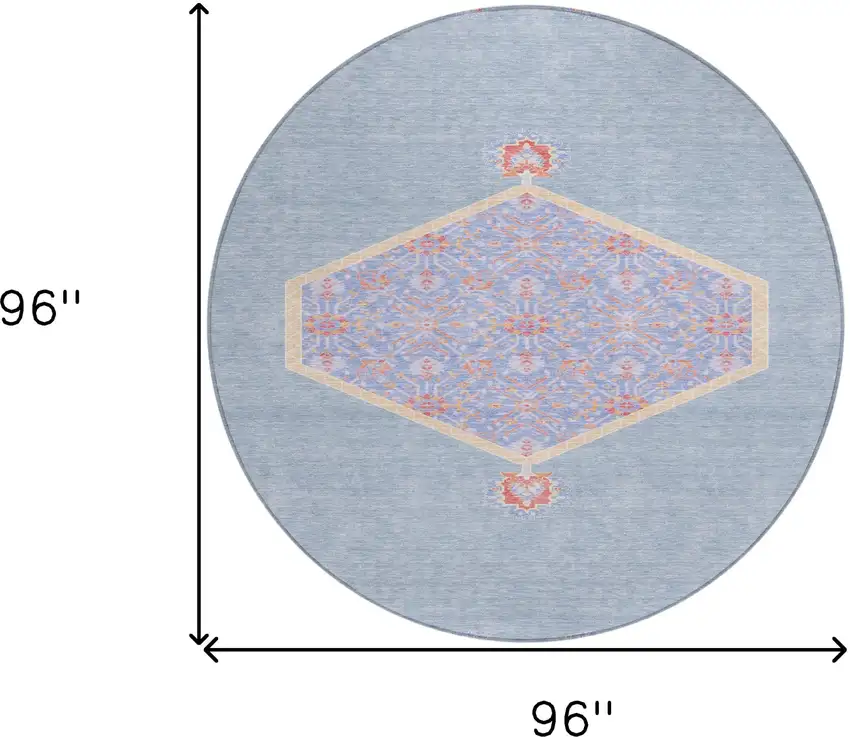 8' Denim Blue And Orange Round Oriental Washable Indoor Outdoor Area Rug Photo 3