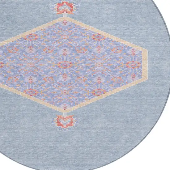 8' Denim Blue And Orange Round Oriental Washable Indoor Outdoor Area Rug Photo 5