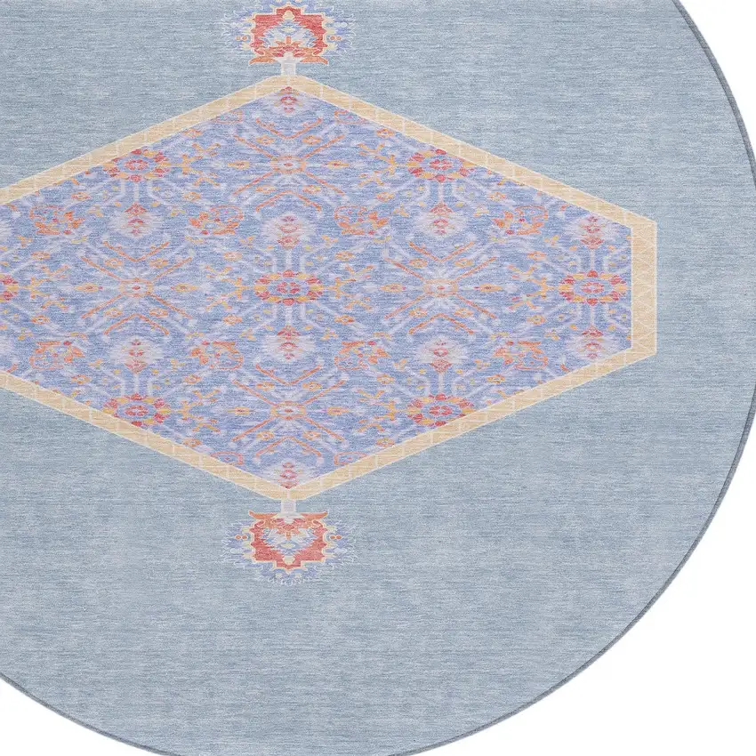 8' Denim Blue And Orange Round Oriental Washable Indoor Outdoor Area Rug Photo 5