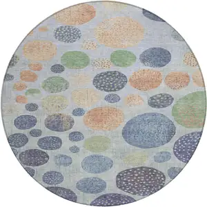 Photo of 8' Denim Blue And Peach Round Geometric Washable Indoor Outdoor Area Rug