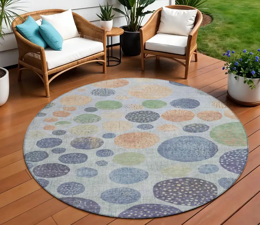 8' Denim Blue And Peach Round Geometric Washable Indoor Outdoor Area Rug Photo 2