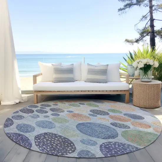 8' Denim Blue And Peach Round Geometric Washable Indoor Outdoor Area Rug Photo 5