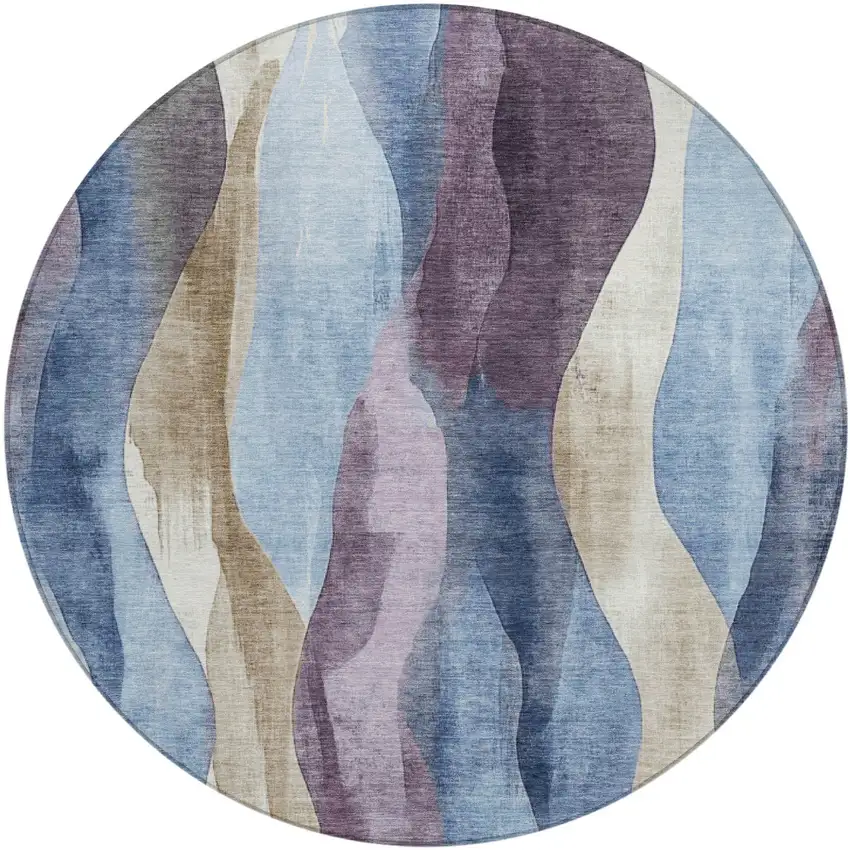 8' Denim Blue And Purple Round Abstract Washable Indoor Outdoor Area Rug Photo 1