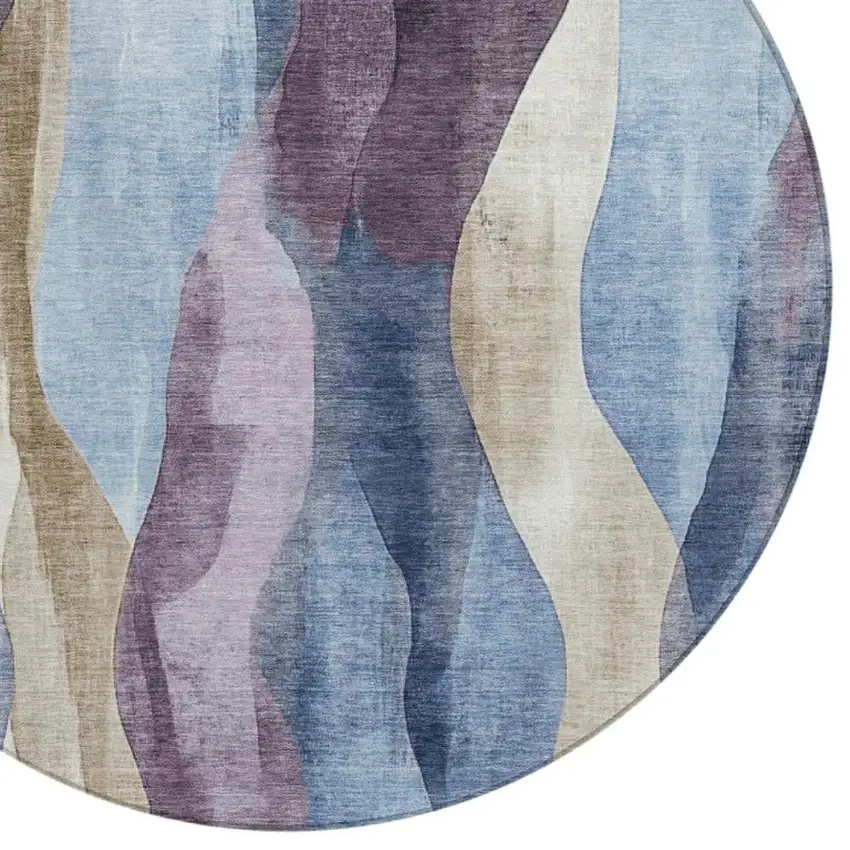 8' Denim Blue And Purple Round Abstract Washable Indoor Outdoor Area Rug Photo 4