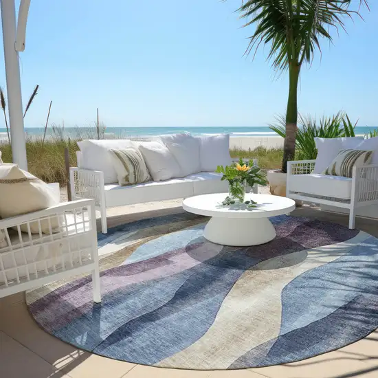 8' Denim Blue And Purple Round Abstract Washable Indoor Outdoor Area Rug Photo 5