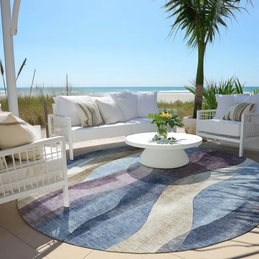 8' Denim Blue And Purple Round Abstract Washable Indoor Outdoor Area Rug Photo 5