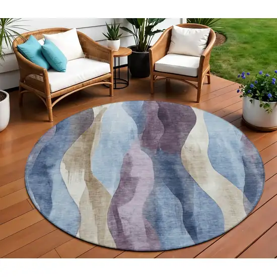 8' Denim Blue And Purple Round Abstract Washable Indoor Outdoor Area Rug Photo 2