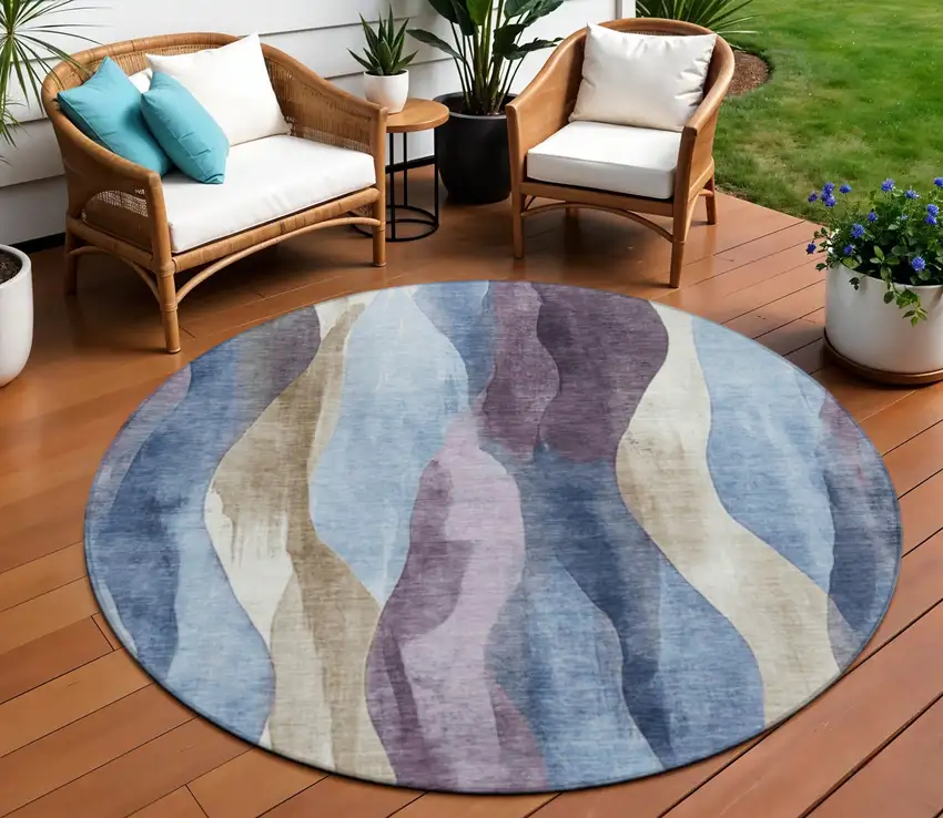 8' Denim Blue And Purple Round Abstract Washable Indoor Outdoor Area Rug Photo 2