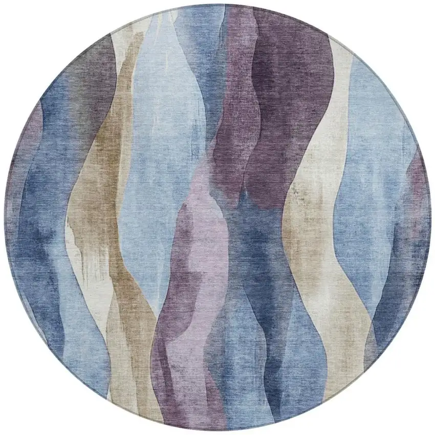 8' Denim Blue And Purple Round Abstract Washable Indoor Outdoor Area Rug Photo 3