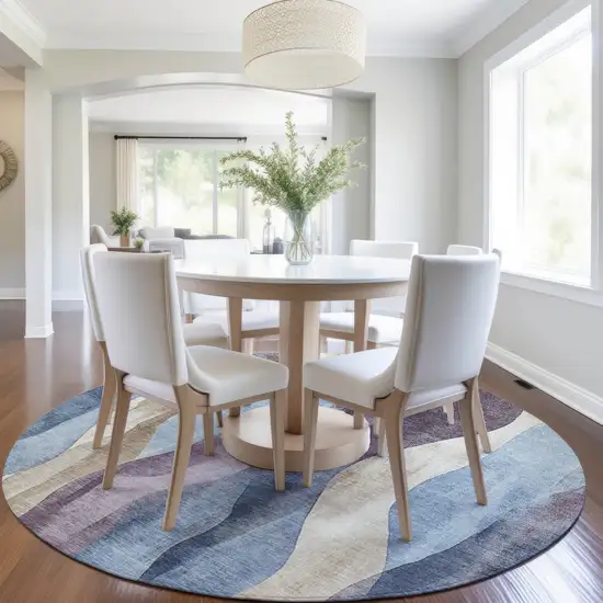 8' Denim Blue And Purple Round Abstract Washable Indoor Outdoor Area Rug Photo 6