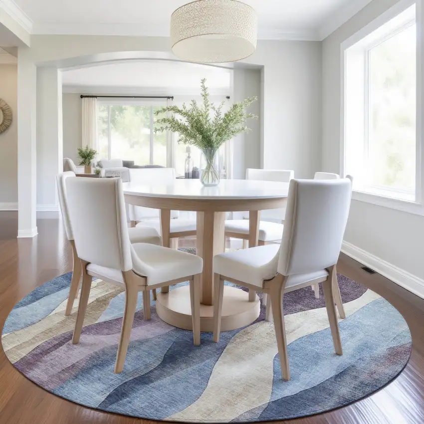 8' Denim Blue And Purple Round Abstract Washable Indoor Outdoor Area Rug Photo 6