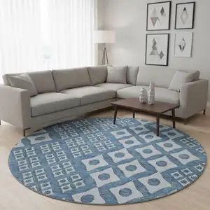 Photo of 8' Denim Blue And Silver Geometric Washable Round Rug With UV Protection