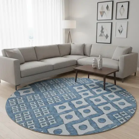 8' Denim Blue And Silver Geometric Washable Round Rug With UV Protection Photo 1