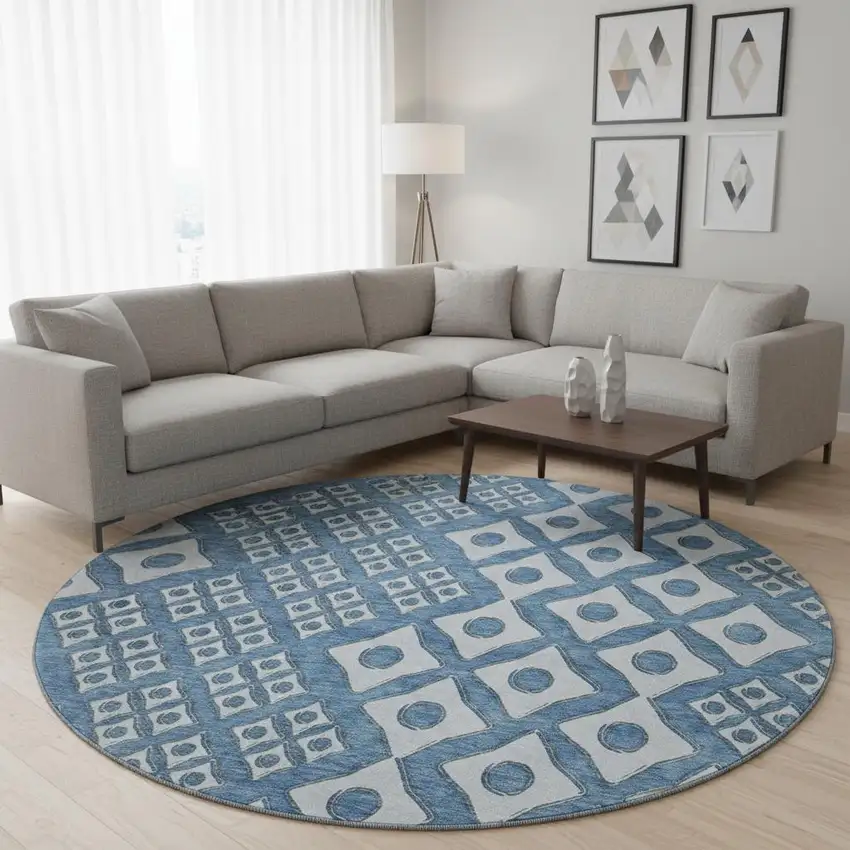 8' Denim Blue And Silver Geometric Washable Round Rug With UV Protection Photo 1
