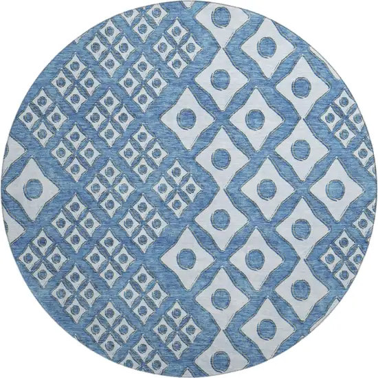 8' Denim Blue And Silver Geometric Washable Round Rug With UV Protection Photo 2