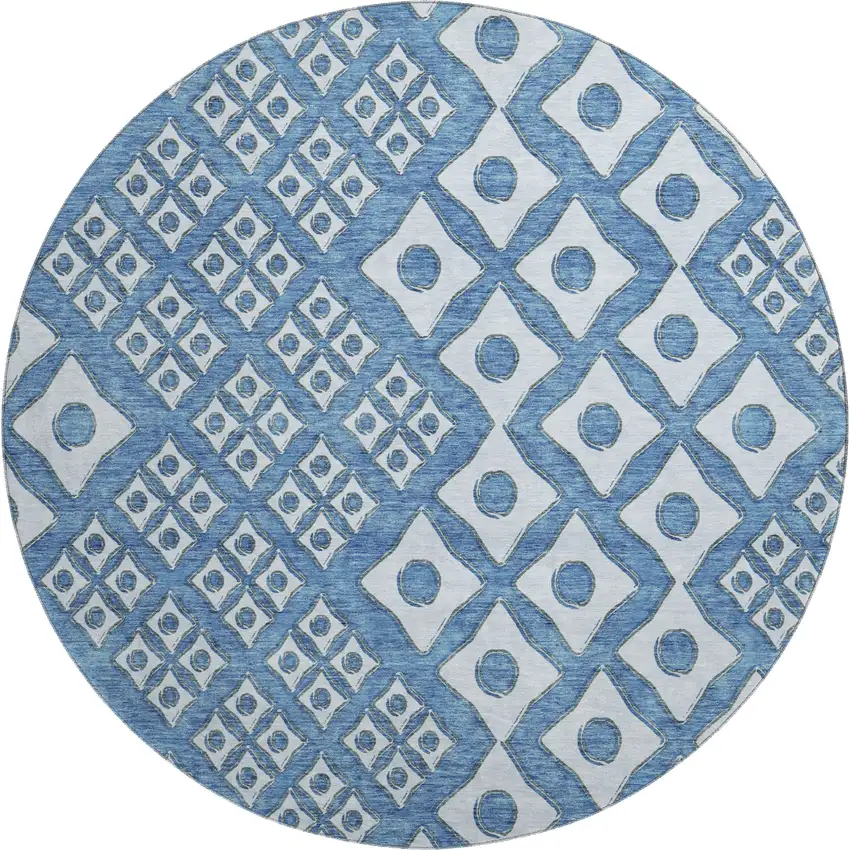 8' Denim Blue And Silver Geometric Washable Round Rug With UV Protection Photo 2