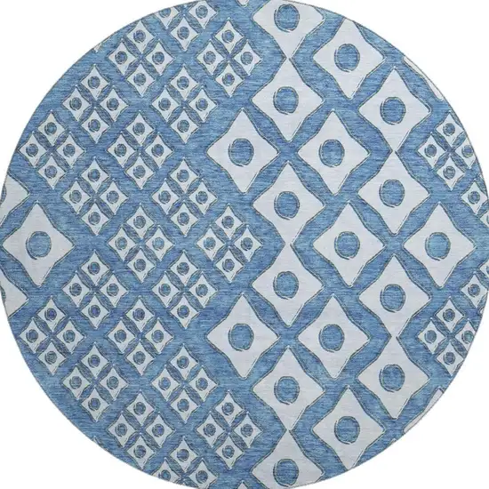 8' Denim Blue And Silver Geometric Washable Round Rug With UV Protection Photo 5