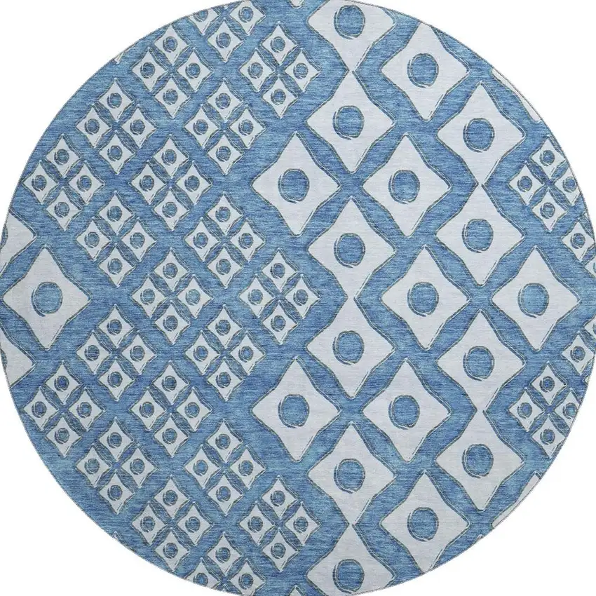 8' Denim Blue And Silver Geometric Washable Round Rug With UV Protection Photo 5