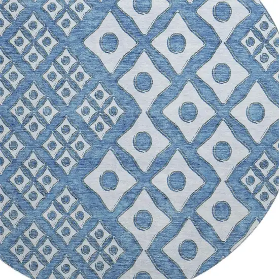8' Denim Blue And Silver Geometric Washable Round Rug With UV Protection Photo 4