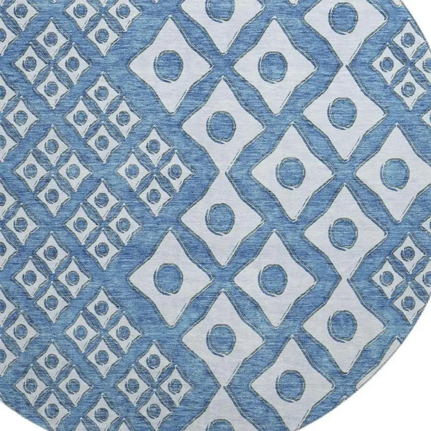 8' Denim Blue And Silver Geometric Washable Round Rug With UV Protection Photo 4