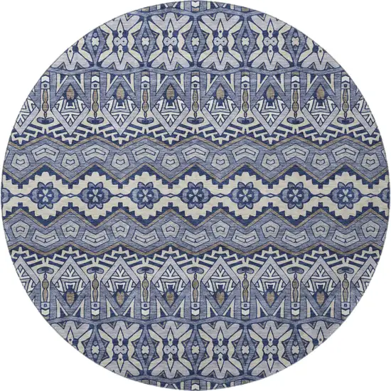 8' Denim Blue And Silver Moroccan Washable Round Rug With UV Protection Photo 4